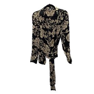 Ann Taylor 14 Silk Wrap Blouse Ling Sleeve Tan Black Floral NWOT